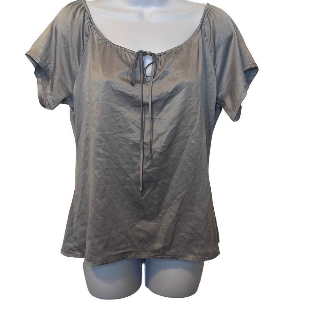 Metro7 Small Silver Metallic Y2K Tie Front Scoop Neck Short Sleeve Slink Blouse